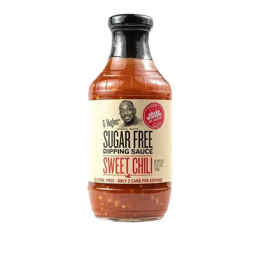 G Hughes Sugar-Free Sweet Chili Dipping Sauce bottle, perfect for enhancing meals with sweet and spicy flavors, sugar-free and gluten-free, ideal for fitness enthusiasts.