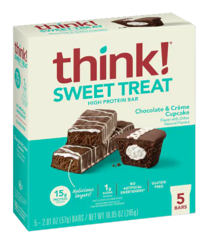Think! Protein Bars in a box, featuring chocolate and cream cupcakes, keto-friendly with low carbs and sugar, offering a delightful dessert flavor.
