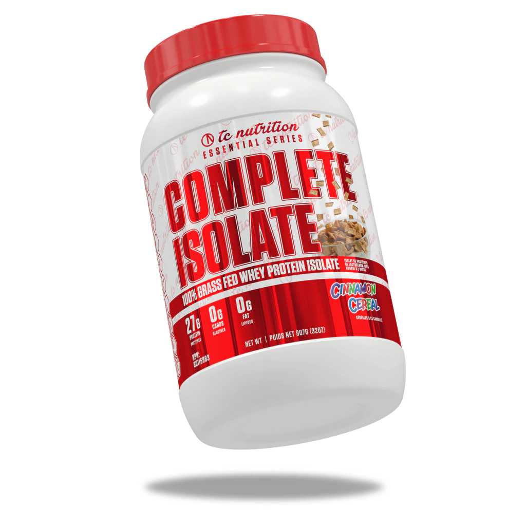 TC Nutrition Complete Isolate 2lb container featuring a red label, known for its pure Grass-Fed Whey Protein Isolate, ideal for fitness enthusiasts.
