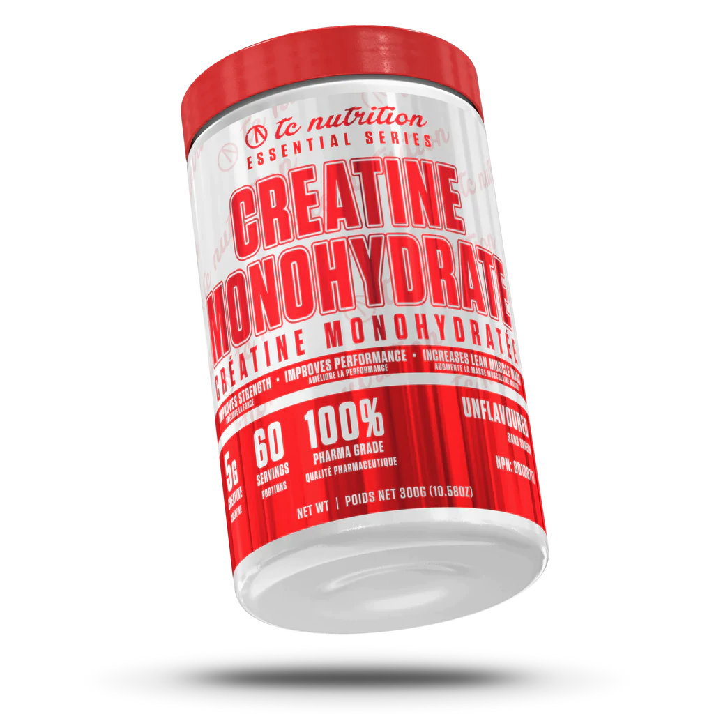 TC Nutrition Creatine Monohydrate 60 Serv canister, close-up. Unflavoured powder, ideal for enhancing strength and performance in workouts, from Sector 6 Supplements.