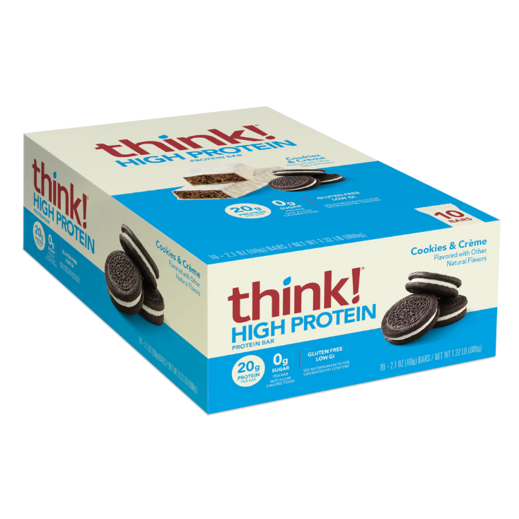 Think! Protein Bars Box of 10 displayed, featuring keto-friendly cookies with minimal carbs. Ideal for fitness enthusiasts seeking high-protein, low-sugar snacks.