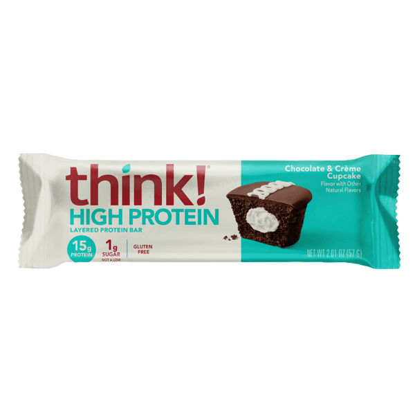 Think! Protein Bars package featuring a chocolate cupcake with white frosting, highlighting its keto-friendly, low-carb design with 6g protein and 5g sugar.