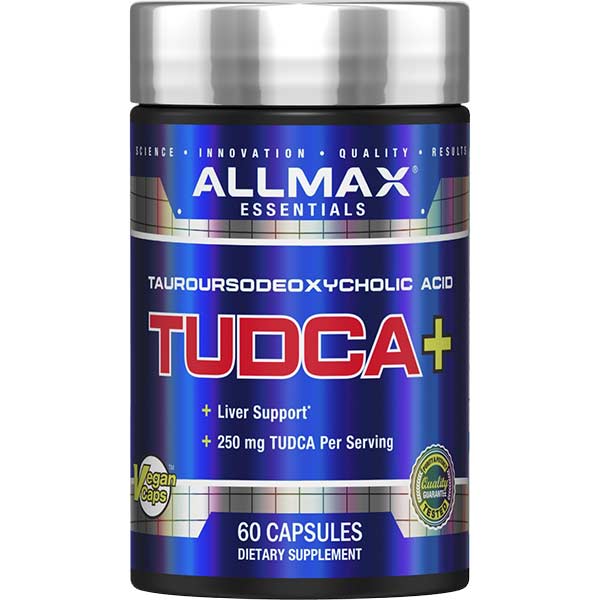 ALLMAX TUDCA+, a liver support supplement, features a blue and silver container with a silver lid, promoting liver function with added Choline for enhanced health.