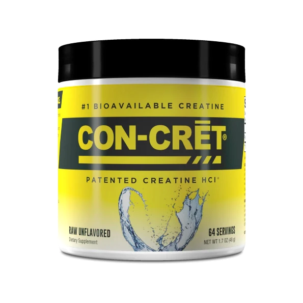Con-Cret HCL Creatine 64 Serving container with black lid, known for enhancing endurance and strength with micro-dosing, displayed in Sector 6 Supplements' fitness range.
