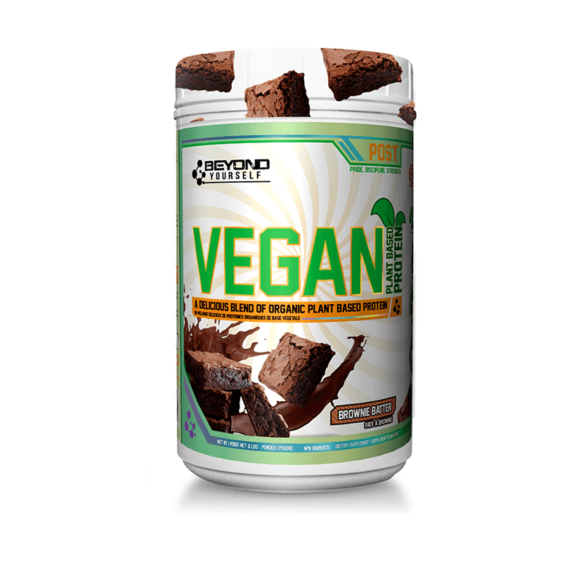 Beyond Yourself Vegan 2lb protein powder features a white container with green text, accompanied by rich, chocolatey brownies, highlighting its delicious, plant-based protein appeal.
