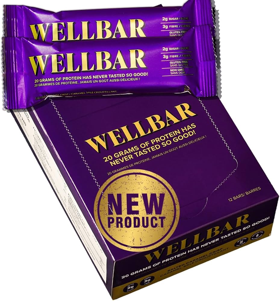 WELLBAR High Protein Bar Box of 12; purple packaging, ideal for fitness enthusiasts seeking a nutritious, low-sugar snack to fuel daily activities.