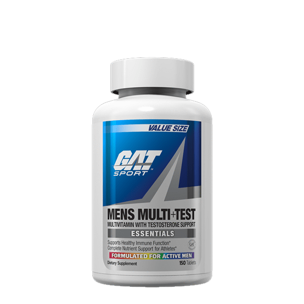 GAT Men's Multi + Test, a white bottle with a blue label, contains multivitamins and testosterone support, enhancing men's health and athletic performance.